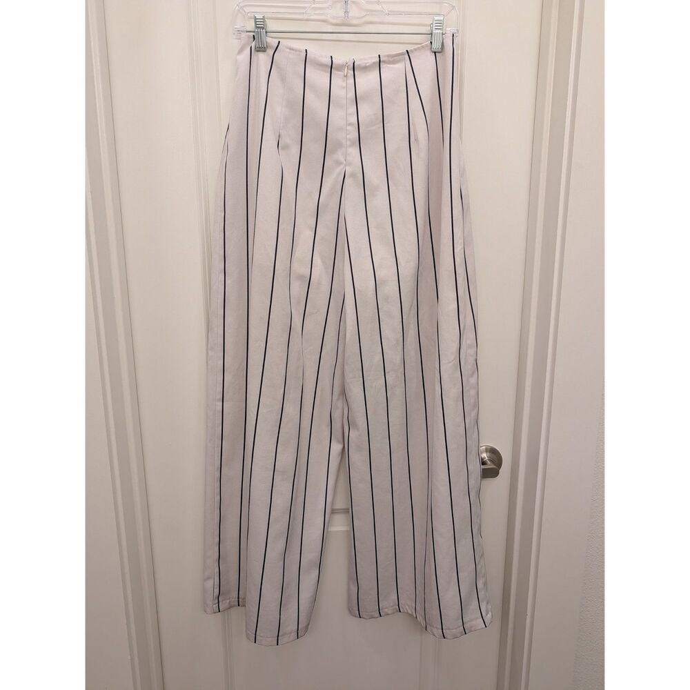Agaci White Black Pinstripe Wide Leg Pants Medium High Rise Tailored Career M